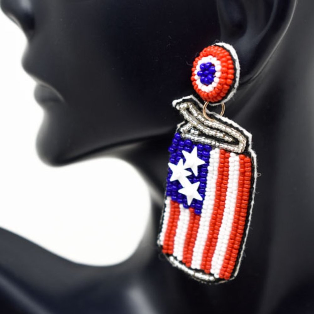 2.25" American Flag Patriotic Beer Can Earrings - Picture 7 of 10